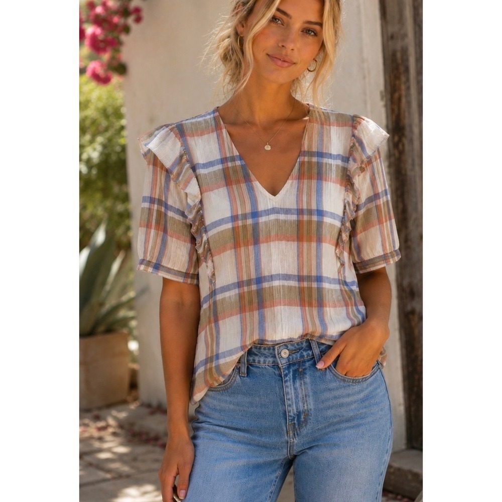Madewell Top Women Small Plaid Brown Blue Ruffle V Neck Short Sleeve Cottagecore